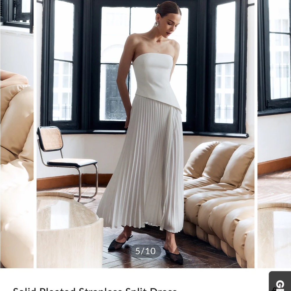 Commense Solid Pleated Strapless Split Dress